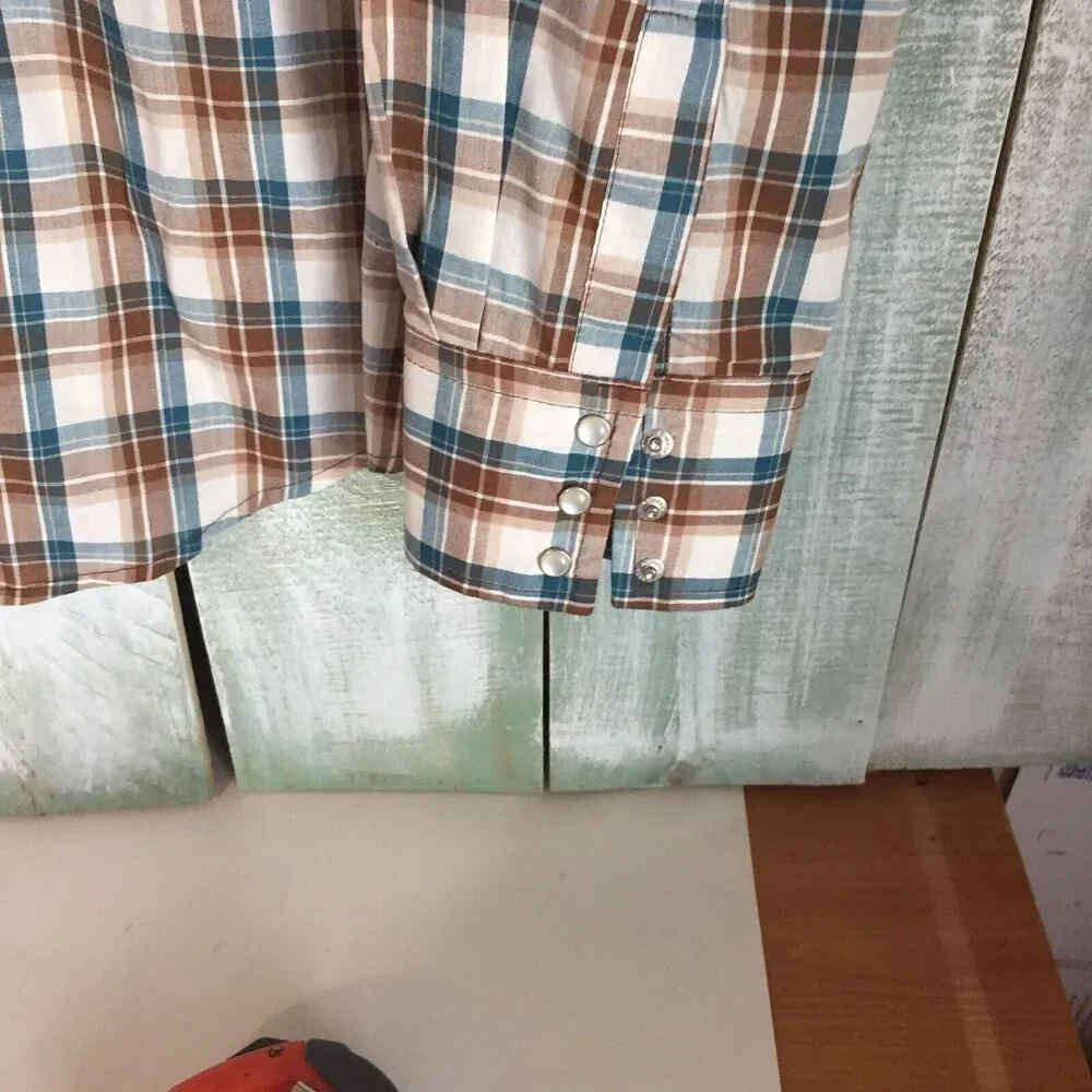 Wrangler Wrancher Brown White Plaid Western Pearl Snap Long Sleeve Shirt Mens XL - Picture 3 of 6
